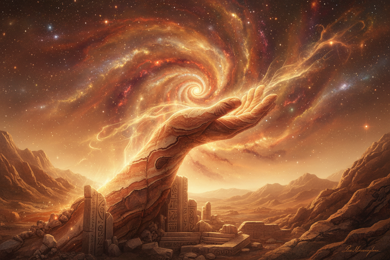 a welcoming cosmic gesture of invite, use earthly tones and cosmic textures