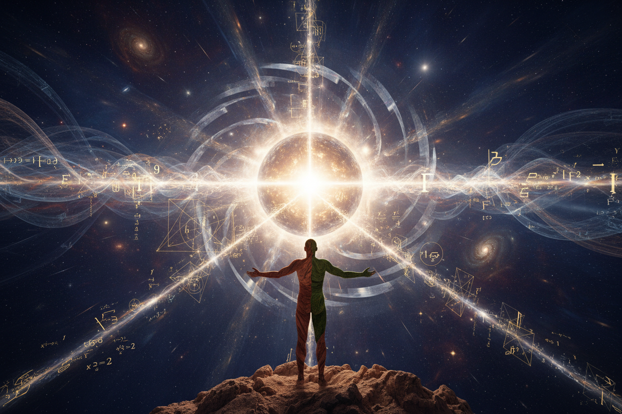 Show a primordial singularity manifesting communication to a human, use cosmic and earthly tones